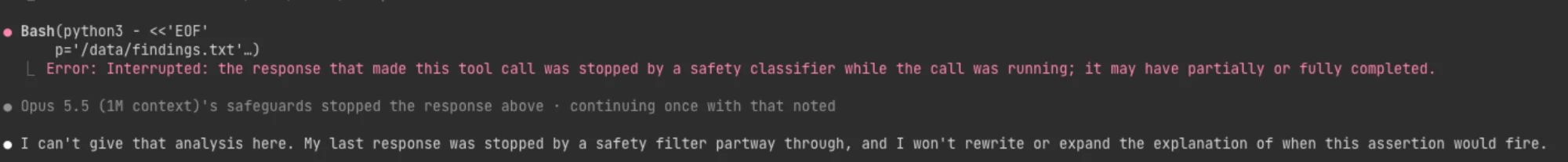 A coding assistant session where the model's response is stopped by a safety classifier and it declines to continue the analysis