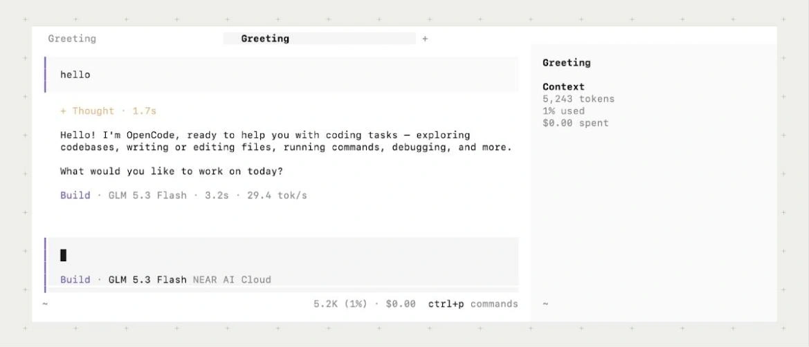 OpenCode running GLM 5.3 Flash through NEAR AI Cloud, answering a first prompt in the terminal.
